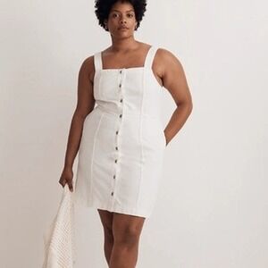 Madewell Square Neck Button-Front Denim Mini Dress 14 White Sleeveless Pockets